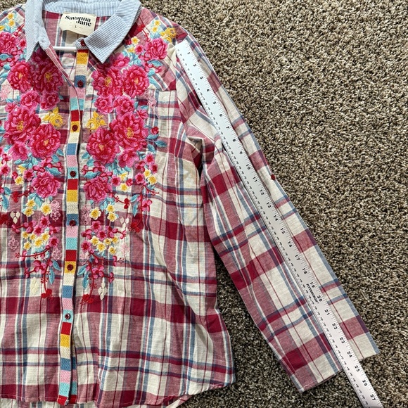 Savanna Jane Women‎ Sz Large Floral Embroidered Plaid Top Blouse roll tab sleeve - Picture 5 of 10
